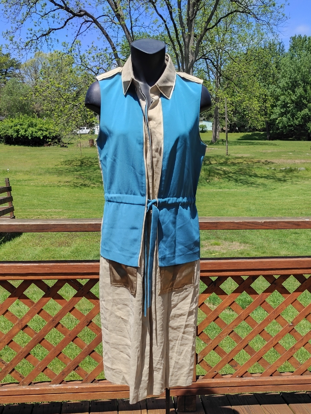 Elie Tahari Khaki and Blue Green Sleeveless Collared Dress with Tie Front Size 6